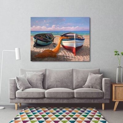 Pintura con paisaje marino, sobre lienzo: Adriano Galasso, Barcos en la playa