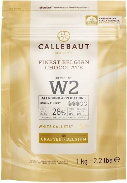 CALLEBAUT CHOCOLAT BLANC-  28% CACAO-  FINEST BELGIAN CHOCOLATE N° W2 - 1KG  - PEPITES