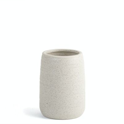 Sand colored striped ceramic bathroom tumbler 11 cm.