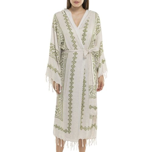 Bathrobe Hand Printed Ayana %70 Cotton %30 Linen Natural with Grey/Beige Print L/XL