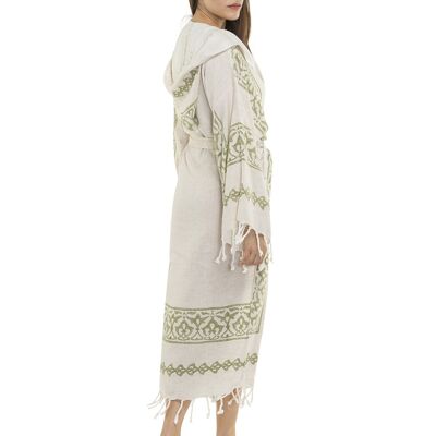 Bathrobe Hand Printed Ayana %70 Cotton %30 Linen Natural with Grey/Beige Print S/M