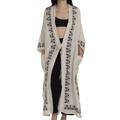 Caftan Asena 70%Coton 30%Lin Fait à la main Imprimé à la main Naturel- Noir L-XL