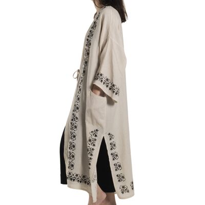 Caftan Asena 70%Coton 30%Lin Fait à la main Imprimé à la main Naturel- Noir S-M