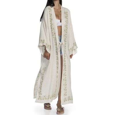 Caftan Asena 70%Coton 30%Lin Fait à la main Imprimé à la main Naturel- Beige L-XL