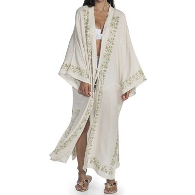 Kaftan Asena 70 % Baumwolle 30 % Leinen Handarbeit Handbedruckt Natur- Beige S-M