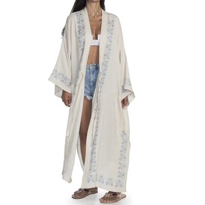 Caftan Asena 70%Algodon 30%Lino Hecho a Mano Estampado a Mano Natural- Azul S-M