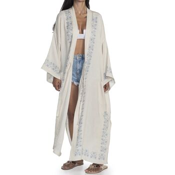 Caftan Asena 70%Coton 30%Lin Fait à la main Imprimé à la main Naturel- Bleu L-XL 1