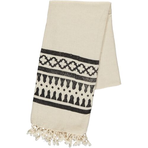 Peshtemal Dora Beach Bath Towel Handprinted 70% Cotton 30%Linen 90 x 170 cm Natural - Black