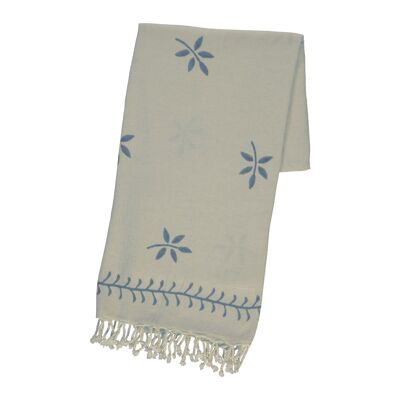 Peshtemal Peri Beach Bath Towel Handprinted 70% Cotton 30%Linen 90 x 170 cm Natural - Blue