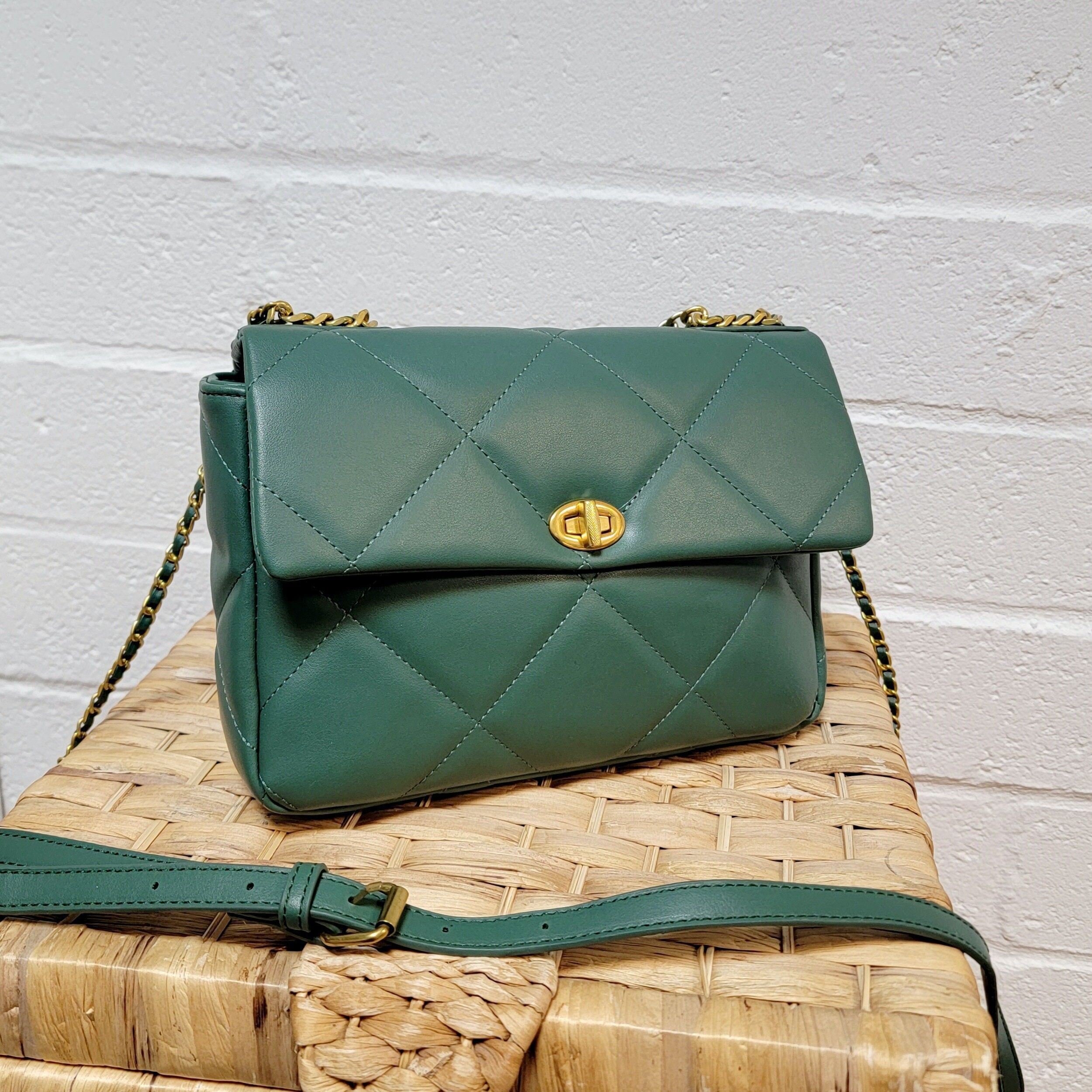 Bronzo Hardware Borsa a tracolla trapuntata, borsa a tracolla a catena in metallo e PU, borsa a tracolla in pelle PU vegana, borsa alla moda con -2688 verde