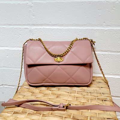 Bolso bandolera acolchado con hardware de bronce, bolso de hombro con cadena de metal y PU, bolso de mensajero de cuero PU vegano, bolso de moda con -2688 rosa