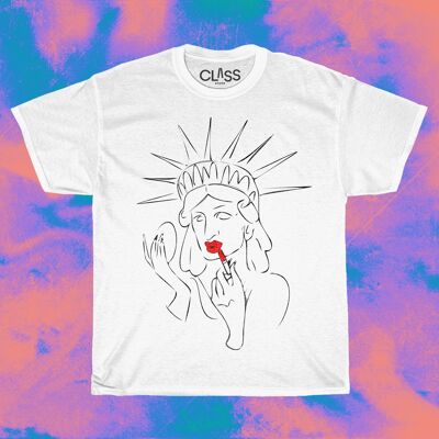 Camiseta LADY LIBERTY - Camiseta unisex del 4 de julio, camiseta gráfica 100% de algodón, camiseta gráfica, moda queer de Nueva York, ropa del orgullo irreverente, estatua de la ciudad de Nueva York maquillándose.