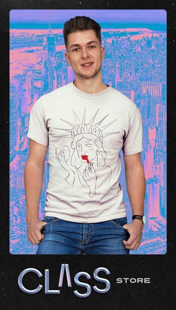 T-shirt LADY LIBERTY - T-shirt unisexe du 4 juillet, haut 100 % coton graphique, t-shirt graphique, New York Queer Fashion, vêtements Irreverent Pride, statue de NYC se maquillant. 2