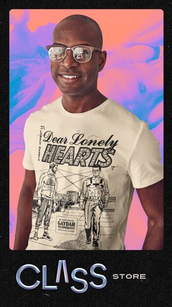 T-shirt LONELY HEARTS - T-shirt graphique avec rétro Gay Comic Art, Camp Vintage Pride Apparel, Pulp Smut Lgbtq Superheros, Unique Queer Clothing, 4