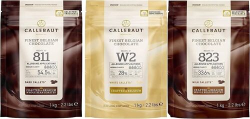 CALLEBAUT - FINEST BELGIAN CHOCOLATE N° 811 (NOIR) - 823 (LAIT)- W2 (BLANC) - 3 x 1KG - PISTOLES