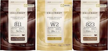 CALLEBAUT - FINEST BELGIAN CHOCOLATE N° 811 (NOIR) - 823 (LAIT)- W2 (BLANC) - 3 x 1KG - PISTOLES 1