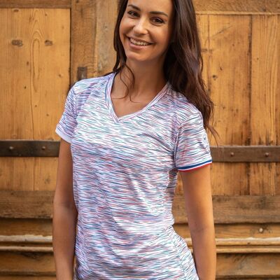 Camiseta running Mujer Rayas Tricolores