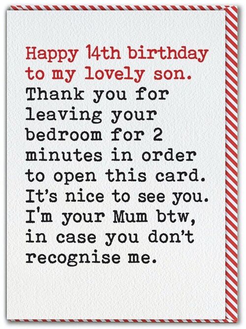 Funny Son 14th Birthday Card - Leaving Bedroom From Single Mum