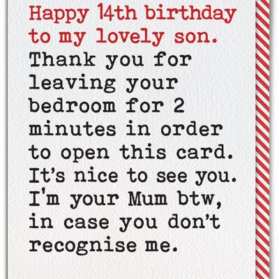 Funny Son 14th Birthday Card - Quitter la chambre d'une mère célibataire