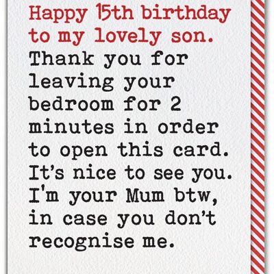 Divertente biglietto di auguri per il 15° compleanno del figlio, che esce dalla camera da letto da una mamma single