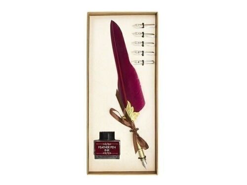 Calligraphy writing set, light gold box, red feather