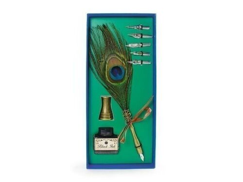 Calligraphy writing set, blue box, peacock feather