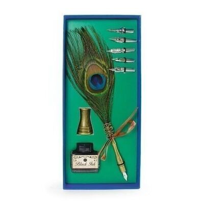 Calligraphy writing set, blue box, peacock feather