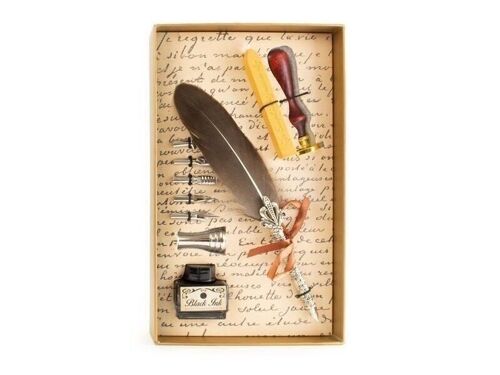 Calligraphy writing set deluxe, light gold box, feather and wax sealing set