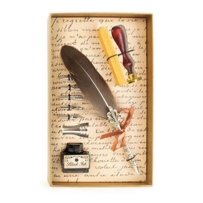 Calligraphy writing set deluxe, light gold box, feather and wax sealing set