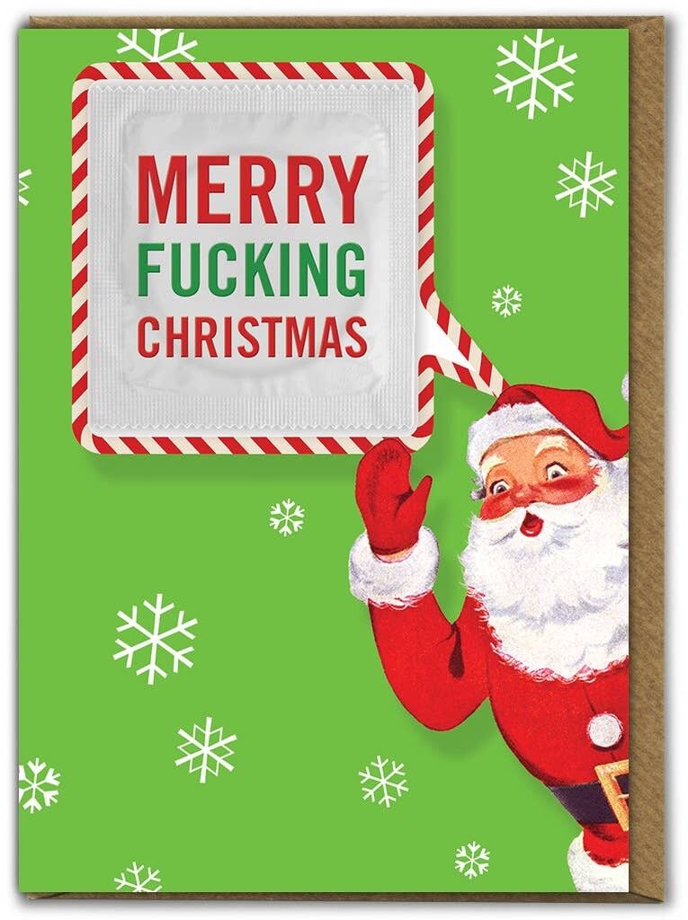 Frohe verdammte Weihnachtskarte mit Kondom
