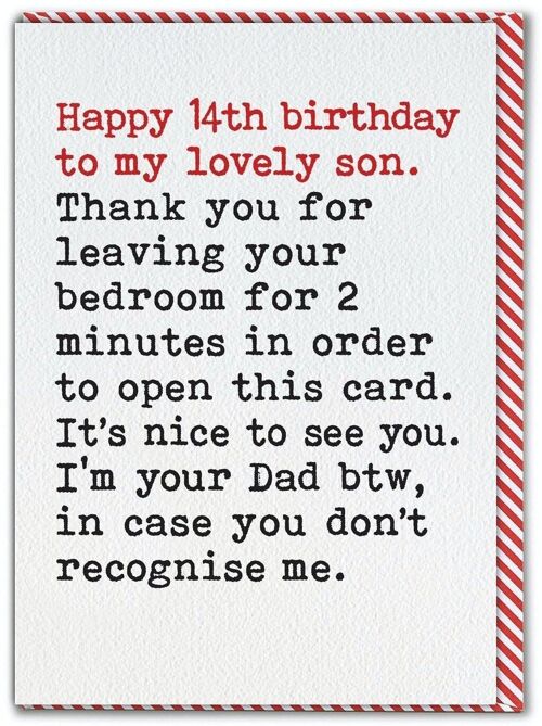 Funny Son 14th Birthday Card - Leaving Bedroom From Single Dad