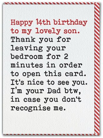 Funny Son 14th Birthday Card - Quitter la chambre d'un père célibataire 1
