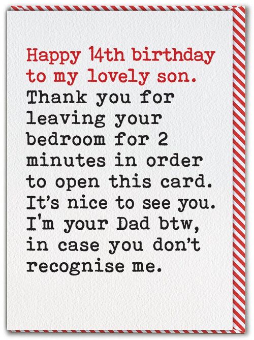 Funny Son 14th Birthday Card - Leaving Bedroom From Single Dad