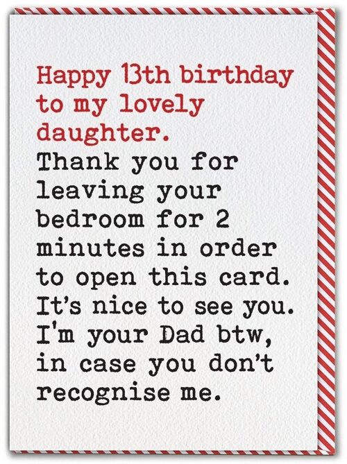 Funny Daughter 13th Birthday Card - Leaving Bedroom from Single Dad by Brainbox Candy
