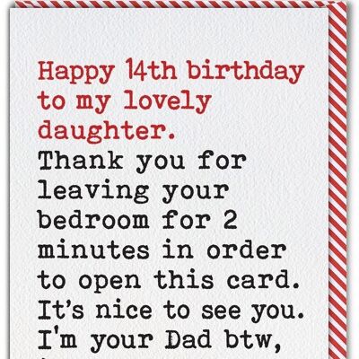 Funny Daughter 14th Birthday Card - Leaving Bedroom From Single Dad by Brainbox Candy