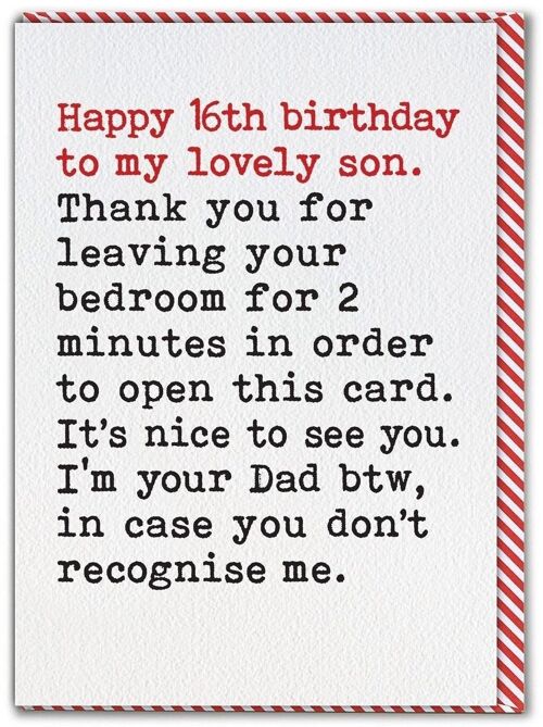 Funny 16th Birthday Card For Son - Leaving Bedroom From Single Dad by Brainbox Candy