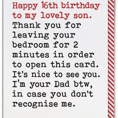 Divertente biglietto di auguri per il 16° compleanno per figlio – Lasciando la camera da letto da papà single di Brainbox Candy