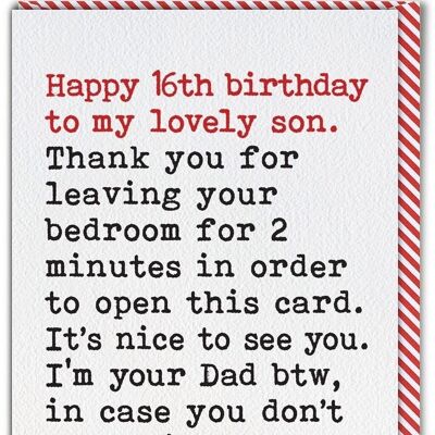 Funny 16th Birthday Card For Son - Leaving Bedroom From Single Dad by Brainbox Candy