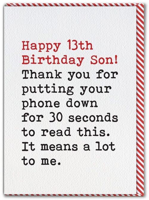 Funny Son 13th Birthday Card - Phone Down From Single Parent by Brainbox Candy