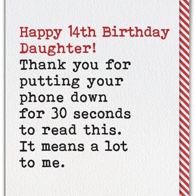Divertente biglietto di auguri per il 14° compleanno della figlia – Phone Down From Single Parent di Brainbox Candy