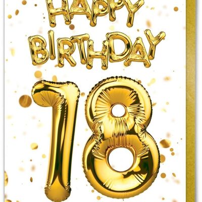 Age 18 Balloon Gold White - 18th Birthday Card