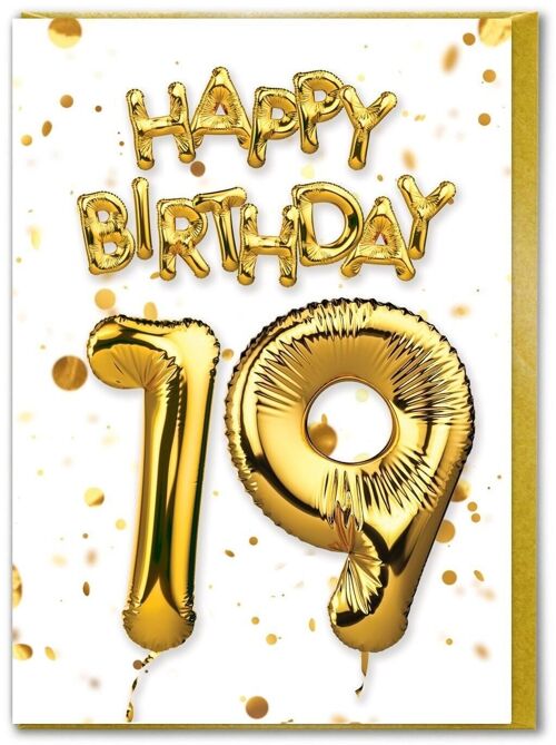 Age 19 Balloon Gold White - 19th Birthday Card
