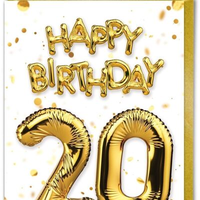 Age 20 Balloon Gold White - 20th Birthday Card