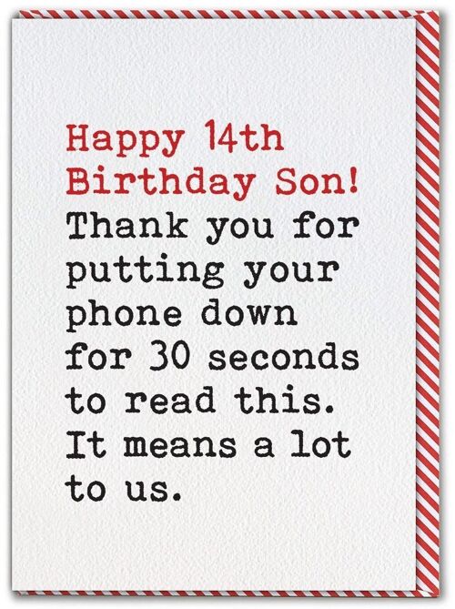 Funny 14th Birthday Card For Son - Phone Down