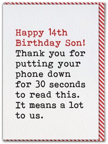 Carte d'anniversaire drôle de 14 ans pour fils - Phone Down 1