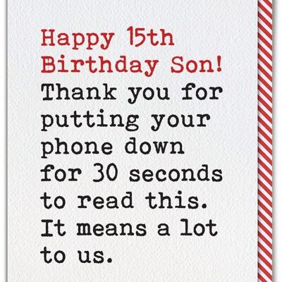 Divertida tarjeta de cumpleaños número 15 para hijo - Teléfono caído