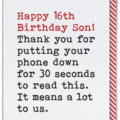Funny 16th Birthday Card For Son - Phone Down From Single Parent