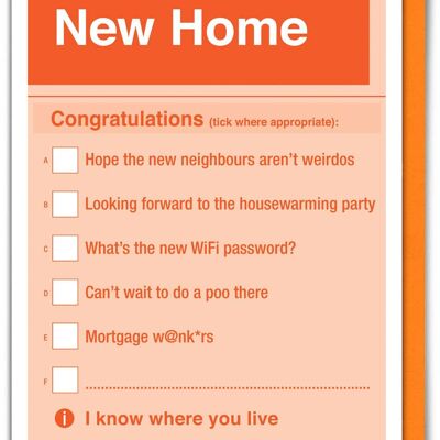 Tarjeta divertida de nuevo hogar