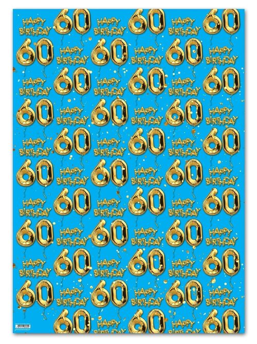 60 Gold Blue Balloon Gift Wrap - 60th Birthday **Pack of 2 Sheets Folded**