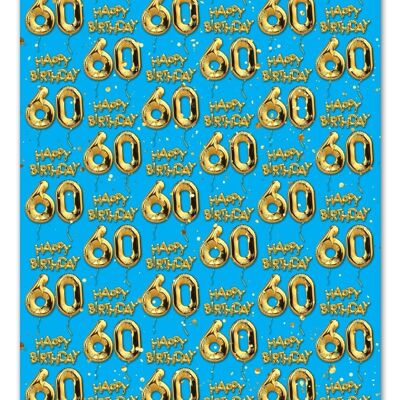 60 Gold Blau Ballon Geschenkpapier - 60. Geburtstag **Packung mit 2 Blättern gefaltet**